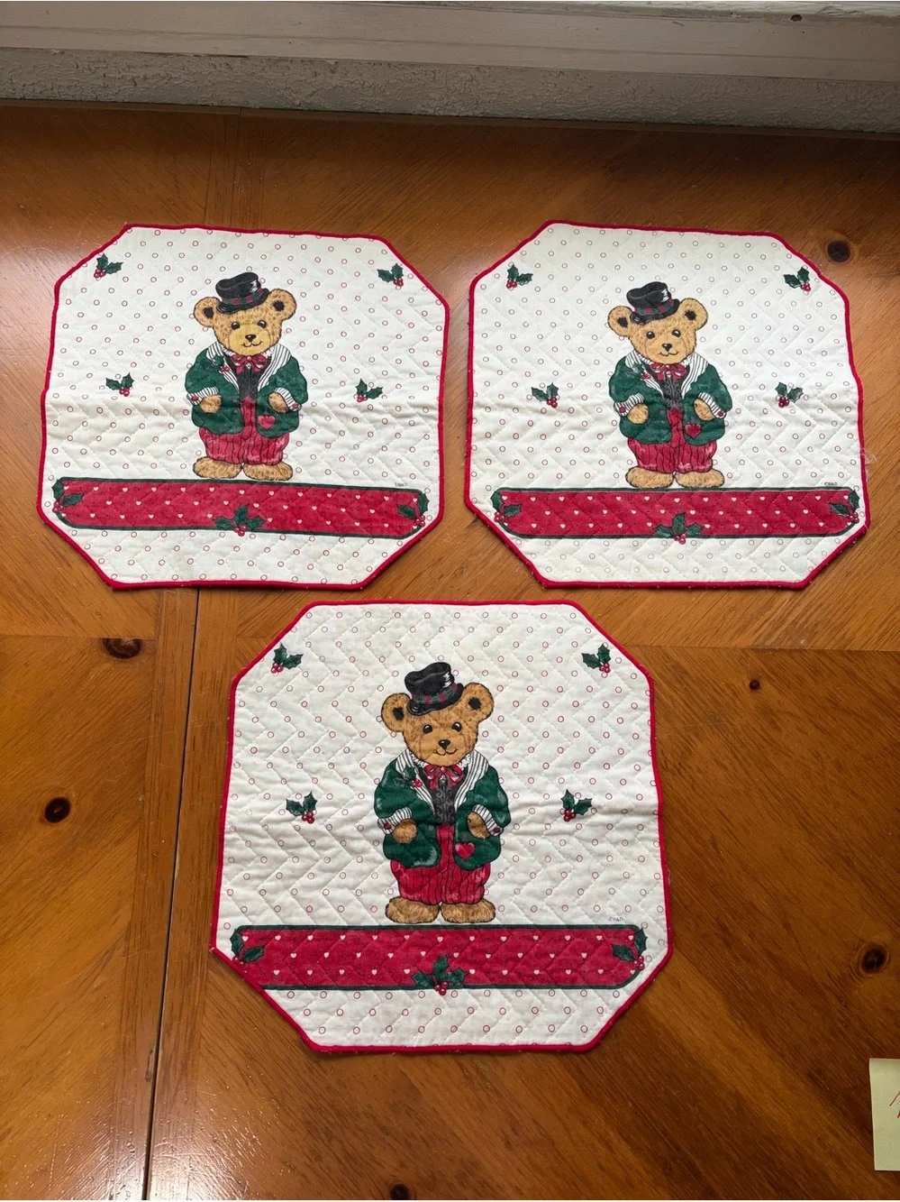 Holiday Bear Quilted Placemats - Red, Green & White set 3 pc